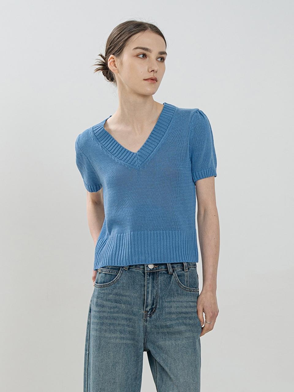QUEEN STYLE Dewy Flow V-neck Knit Sweater [BLUE]