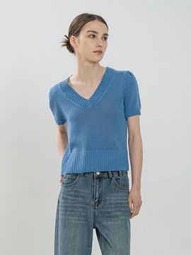 QUEEN STYLE Dewy Flow V-neck Knit Sweater [BLUE]