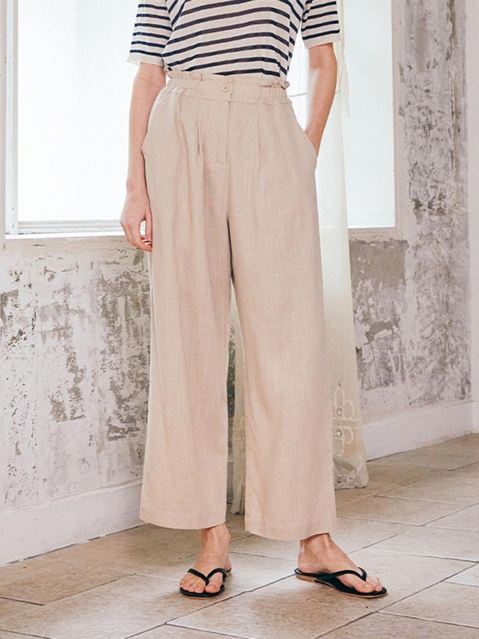 QUEEN STYLE Elastic Wide Pants [Light Beige]