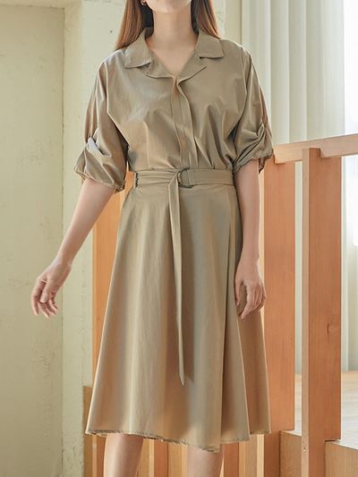 QUEEN STYLE Feminine Belted Set-up Dress [Beige]