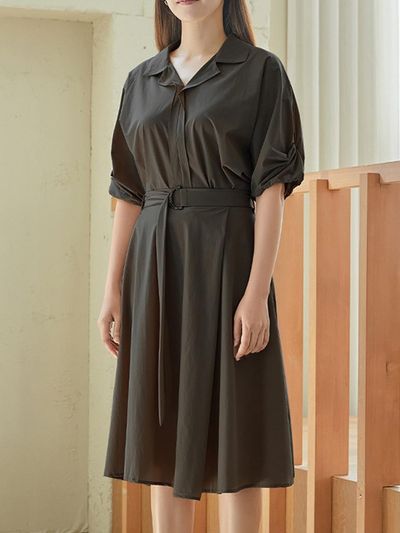 QUEEN STYLE Feminine Belted Skirt Set-up Dress [DK-GREY]