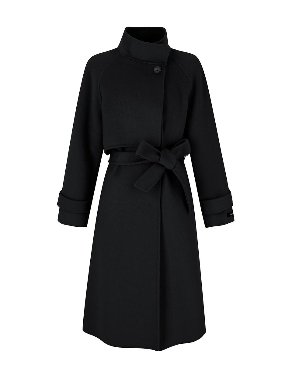 QUEEN STYLE High-neck Belted Wool Coat [BLACK]