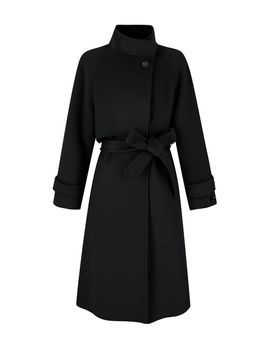 QUEEN STYLE High-neck Belted Wool Coat [BLACK]