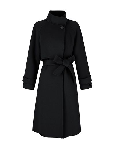 QUEEN STYLE High-neck Belted Wool Coat [BLACK]