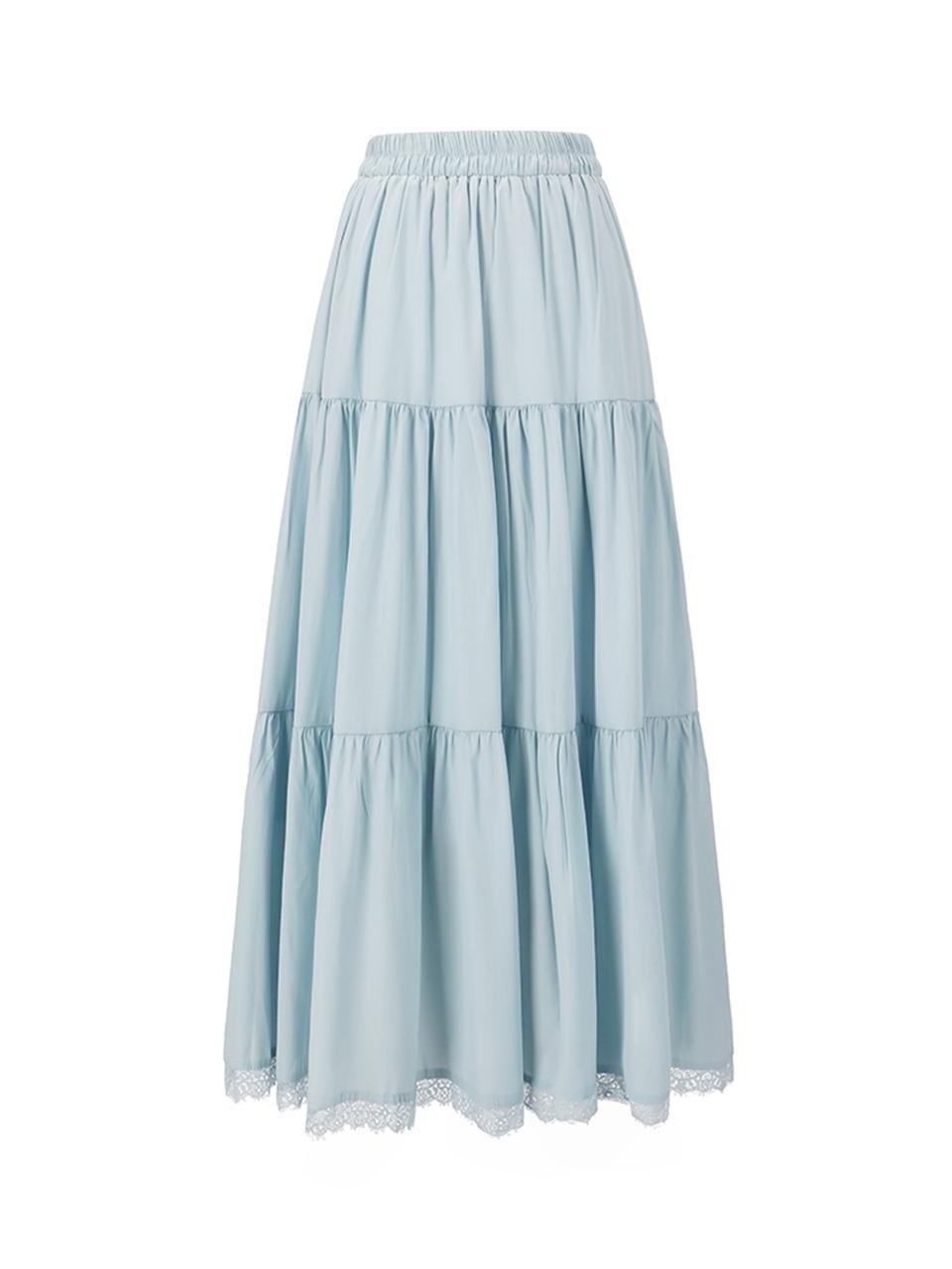 QUEEN STYLE Lace Tired Flare Banding Long Skirt [LIGHT BLUE]