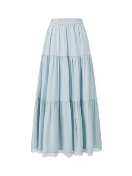 QUEEN STYLE Lace Tired Flare Banding Long Skirt [LIGHT BLUE]