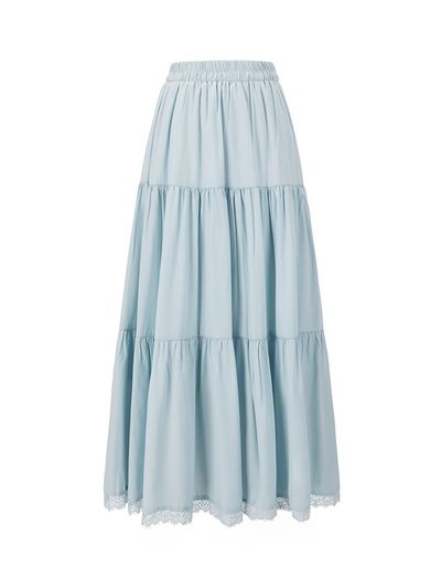 QUEEN STYLE Lace Tired Flare Banding Long Skirt [LIGHT BLUE]