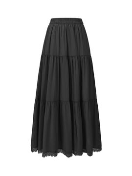 QUEEN STYLE Lace Tired Flare Elastic Band Long Skirt [BLACK]