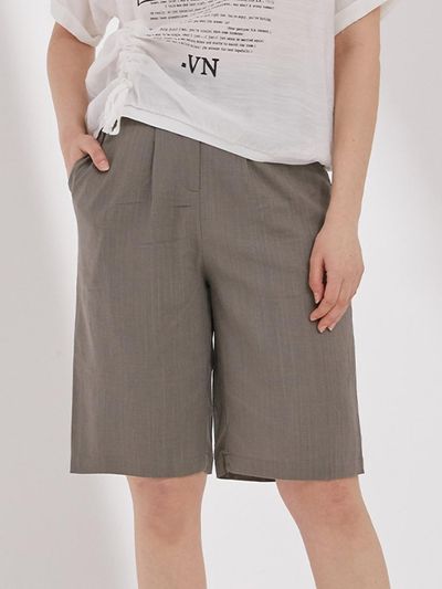 QUEEN STYLE Linen Back Elastic Bermuda Shorts [BROWN]