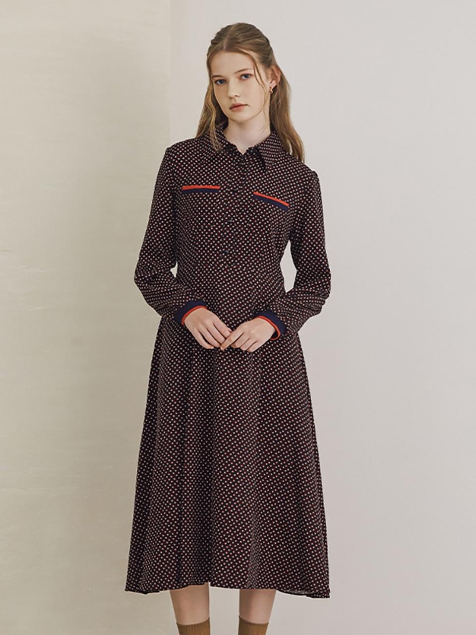 QUEEN STYLE Lip contrast print belted dress [BLACK]