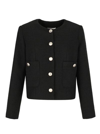 QUEEN STYLE Noir Creme Tweed Blazer  [BLACK]