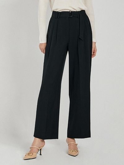 QUEEN STYLE One-Pleat Stretch Wide Pants (BLACK)