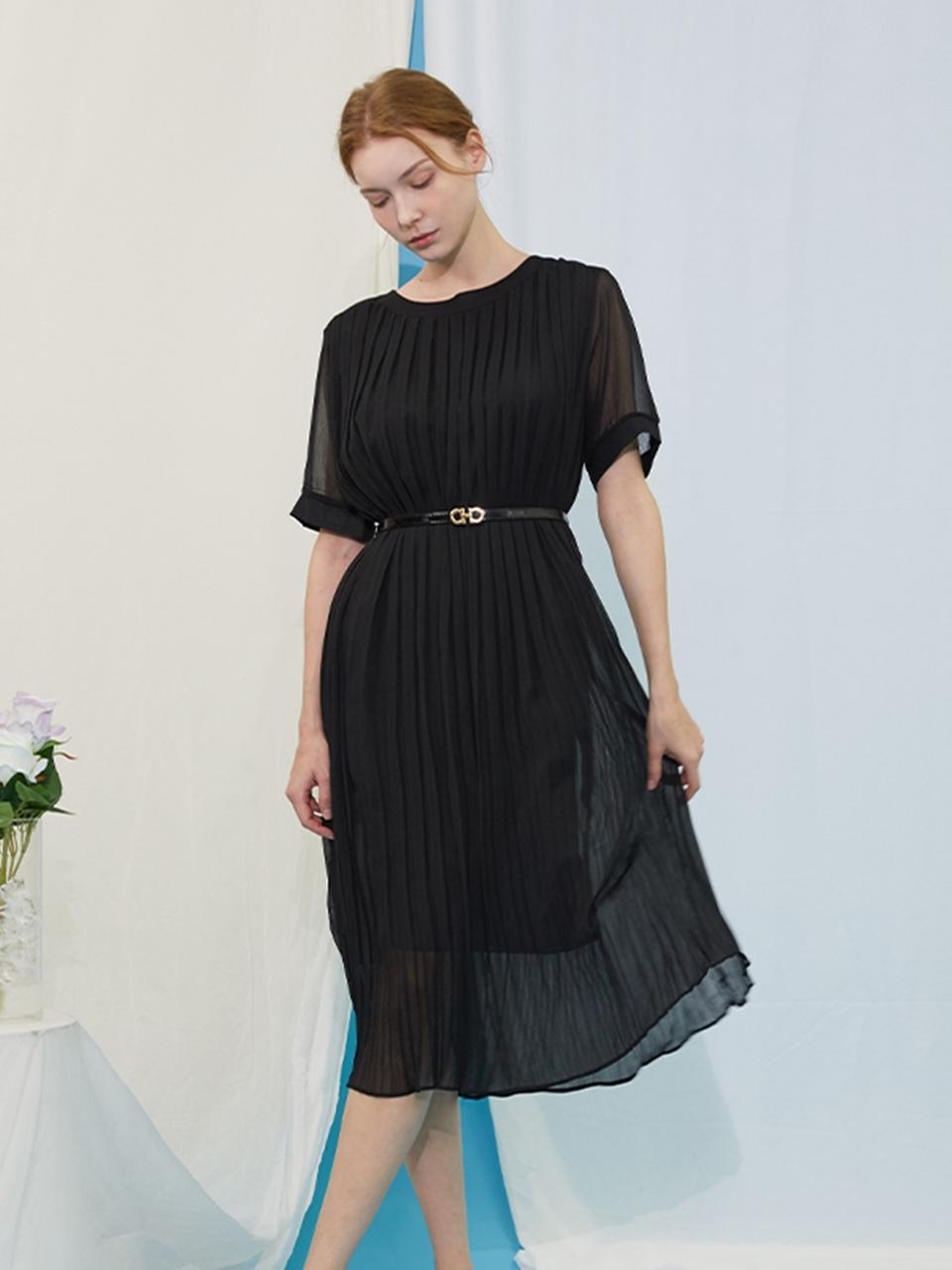 QUEEN STYLE Pleated Belted Dress (BLACK)