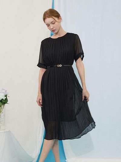 QUEEN STYLE Pleated Belted Dress (BLACK)