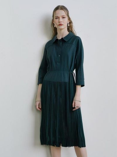 QUEEN STYLE Pleated Shirt Dress [DK-GREEN]