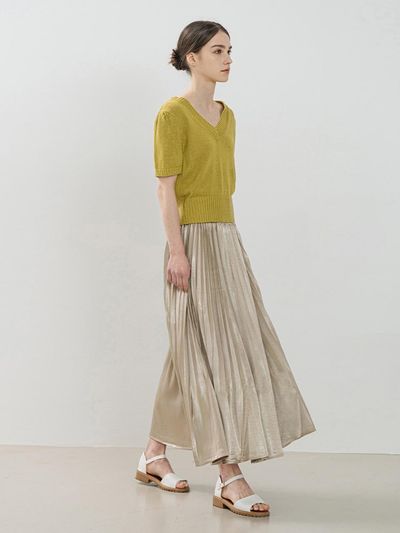 QUEEN STYLE Shine Belted Pleated Skirt (GOLD)