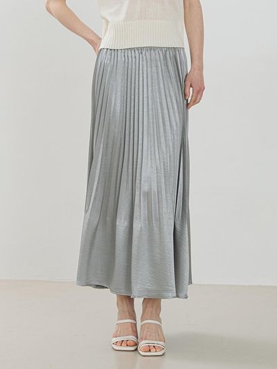 QUEEN STYLE Shine Belted Pleated Skirt [SILVER]