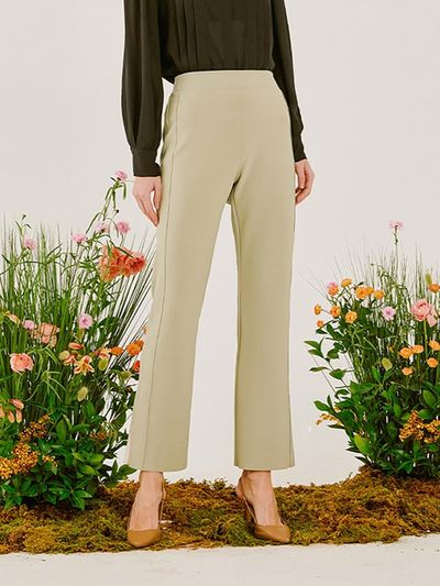 QUEEN STYLE Side Slit Stretch Pants [LIGHT BEIGE]