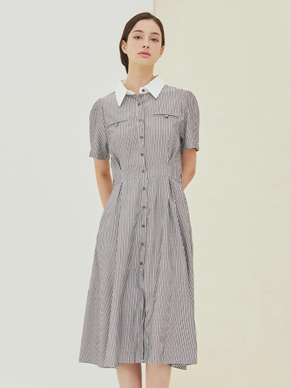 QUEEN STYLE Striped Long Shirt Dress [Grey]