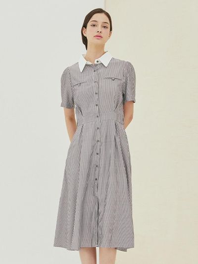 QUEEN STYLE Striped Long Shirt Dress [Grey]