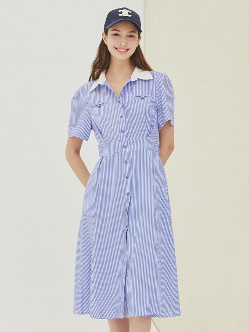 QUEEN STYLE Striped Long Shirt Dress [SKY BLUE]