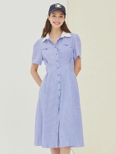 QUEEN STYLE Striped Long Shirt Dress [SKY BLUE]