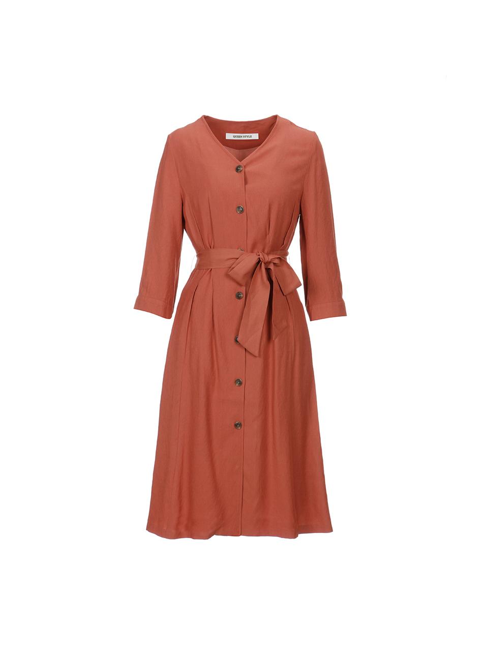 QUEEN STYLE V-neck Belted Shirt Dress