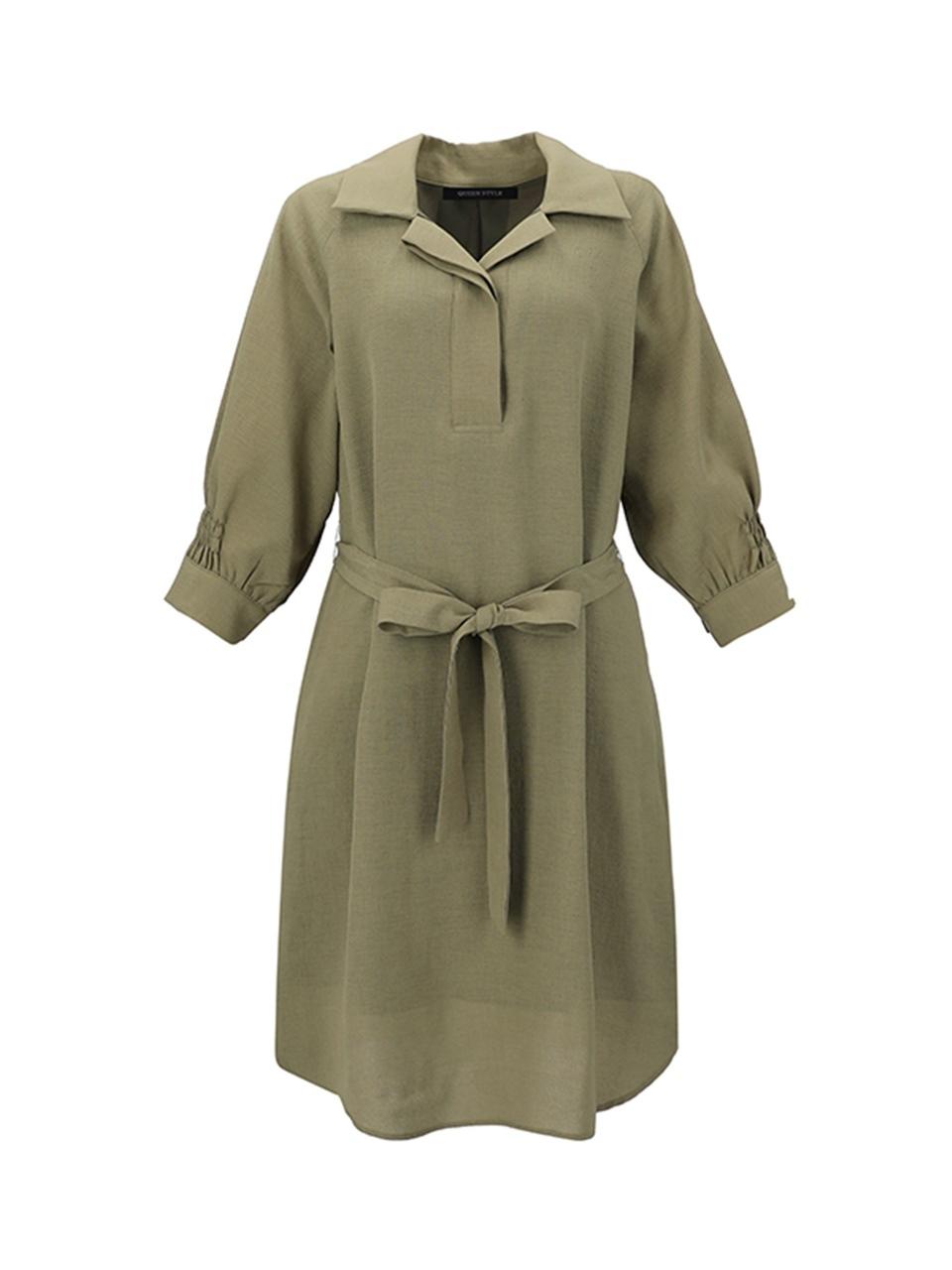 QUEEN STYLE Volume Sleeve Belted Dress [KHAKI]