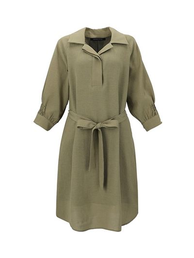 QUEEN STYLE Volume Sleeve Belted Dress [KHAKI]