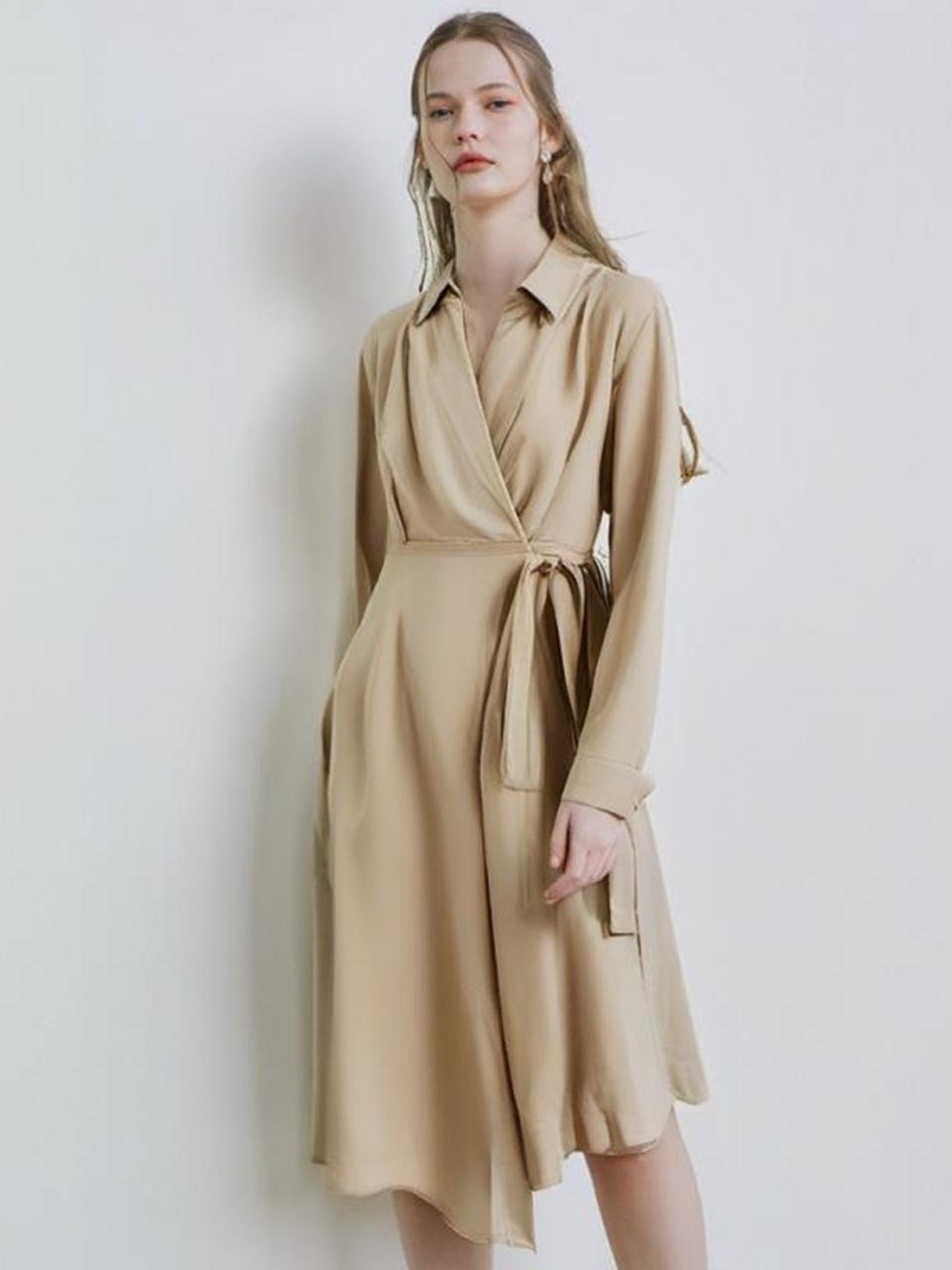 QUEEN STYLE Wrap Flare Dress (BEIGE)