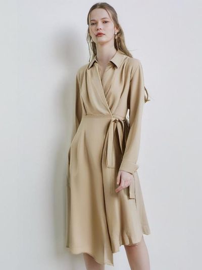 QUEEN STYLE Wrap Flare Dress (BEIGE)