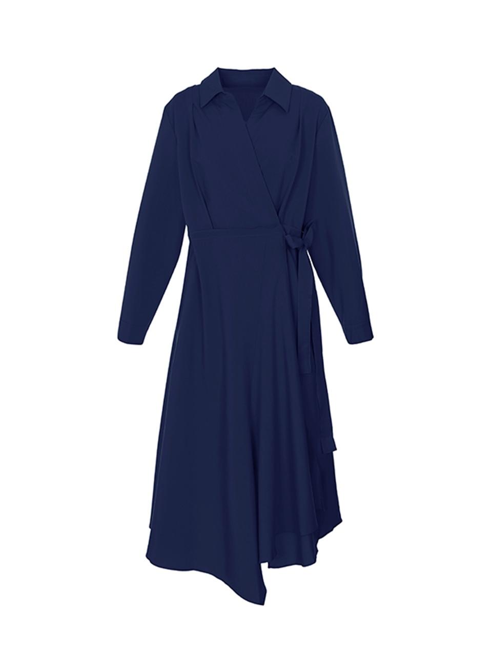 QUEEN STYLE Wrap Flare Dress [NAVY]