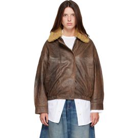 R13 R13 Brown Removable Collar Leather Bomber Jacket