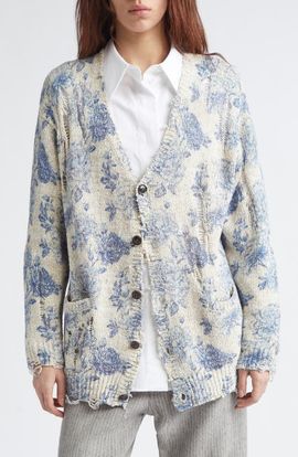 R13 R13 Distressed Oversize Floral Linen Blend Cardigan