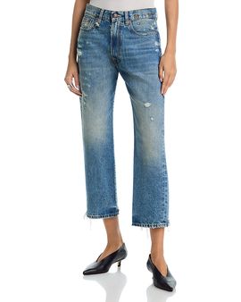 R13 R13 High Rise Boyfriend Ankle Jeans in Bain Blue with Rips