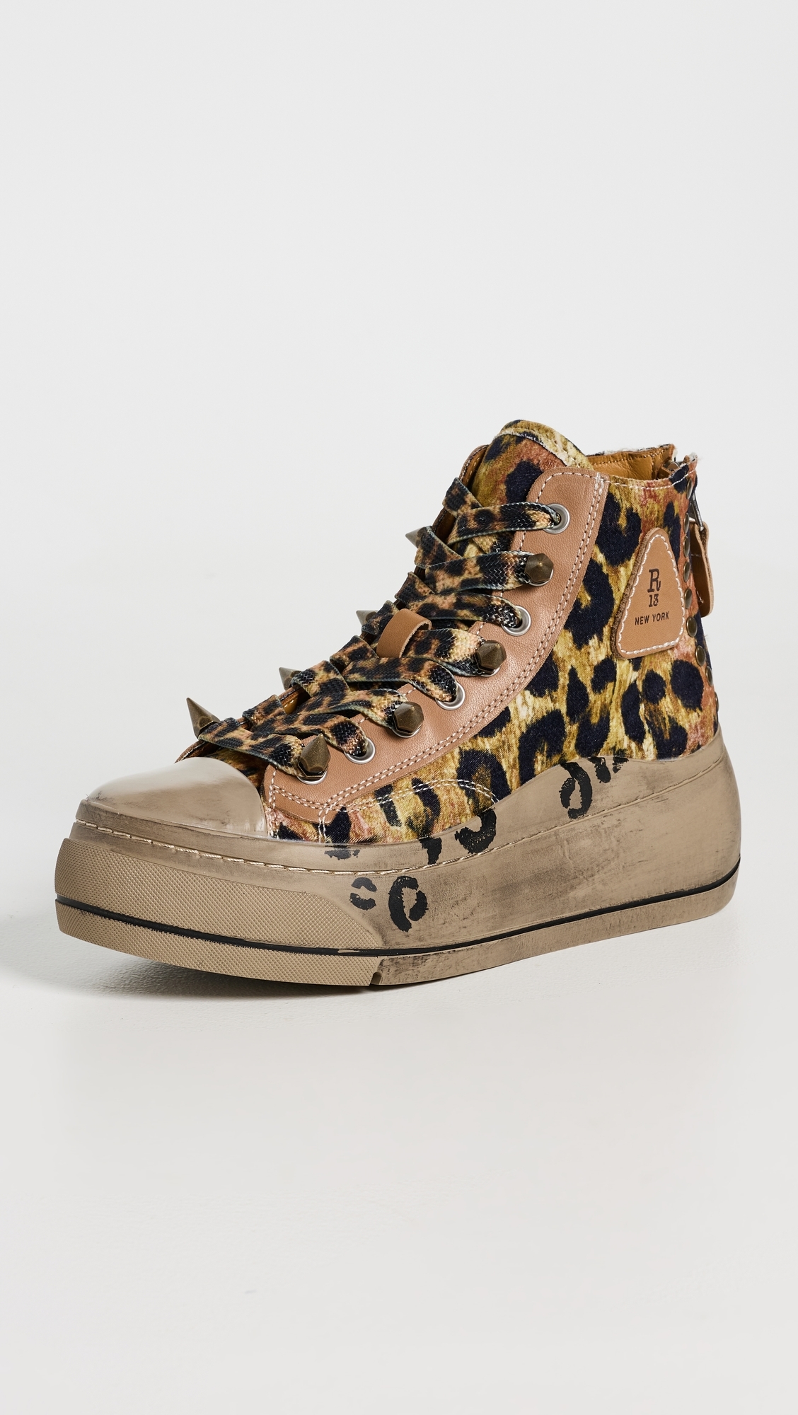 R13 - Kurt High Top Sneakers Pink Leopard With Spikes