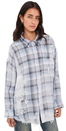 R13 R13 Shredded Seam Button Down Shirt Blue Bleached Plaid