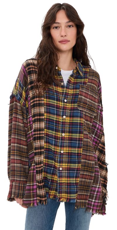 R13 R13 Spliced Drop Neck Button Down Shirt Blue Multi Plaid