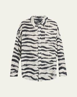 R13 Shredded Seam Drop-Neck Zebra-Print Shirt