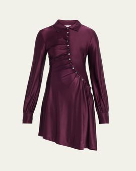 Rabanne Asymmetric Gathered Button Long-Sleeve Shirtdress