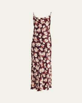 Rabanne Chain Cowl-Neck Floral Satin Maxi Slip Dress