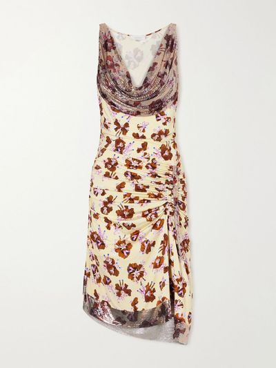 RABANNE Chainmail-embellished ruched floral-print satin mini dress