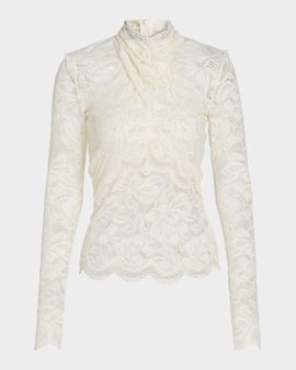 Rabanne Crisscross Mock-Neck Lace Long-Sleeve Top
