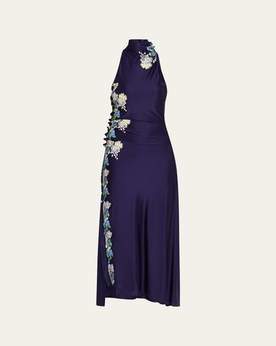 Rabanne Floral Embroidered Snap Draped Jersey Midi Dress