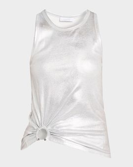 Rabanne Gathered-Ring Foiled Cotton Rib Tank Top