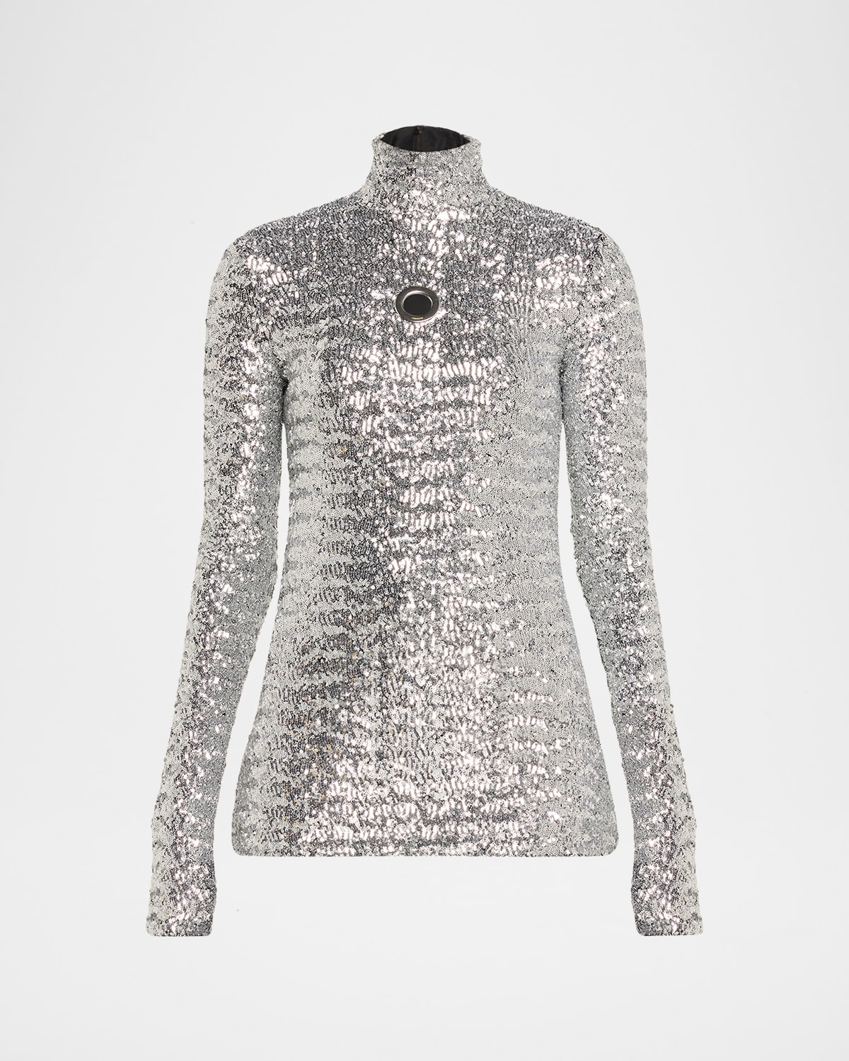 Rabanne Mock-Neck Sequined Grommet Long-Sleeve Top