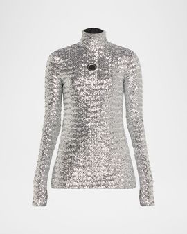 Rabanne Mock-Neck Sequined Grommet Long-Sleeve Top
