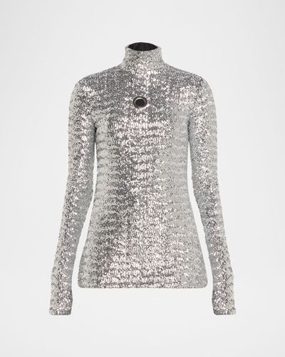 Rabanne Mock-Neck Sequined Grommet Long-Sleeve Top