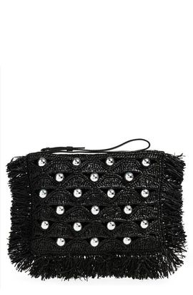 Rabanne Rabanne Bead Embellished Woven Raffia Pouch Wristlet