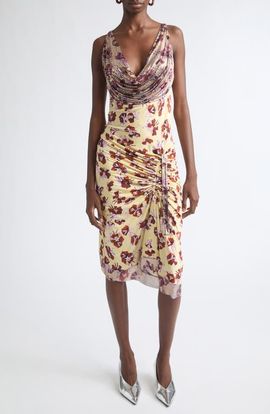Rabanne Rabanne Chain Mail Floral Ruched Cowl Neck Dress